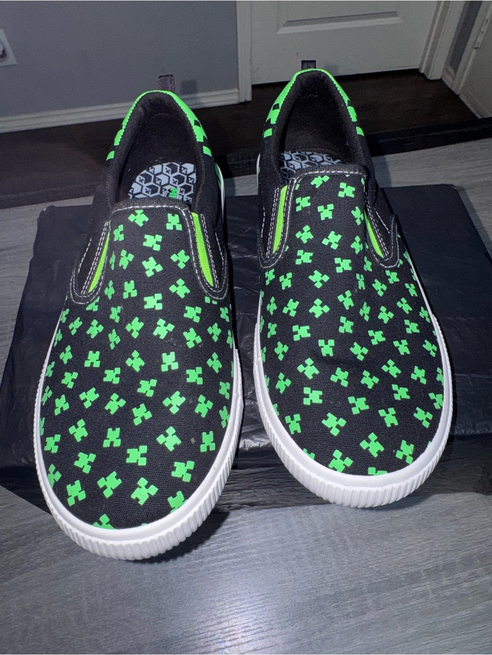 Minecraft Black Slip-On Sneakers with Neon Green Pixel Pattern